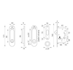 FT - Oválná sada posuvných dveří - WC - skořápky a kliky pro posuvné dveře
