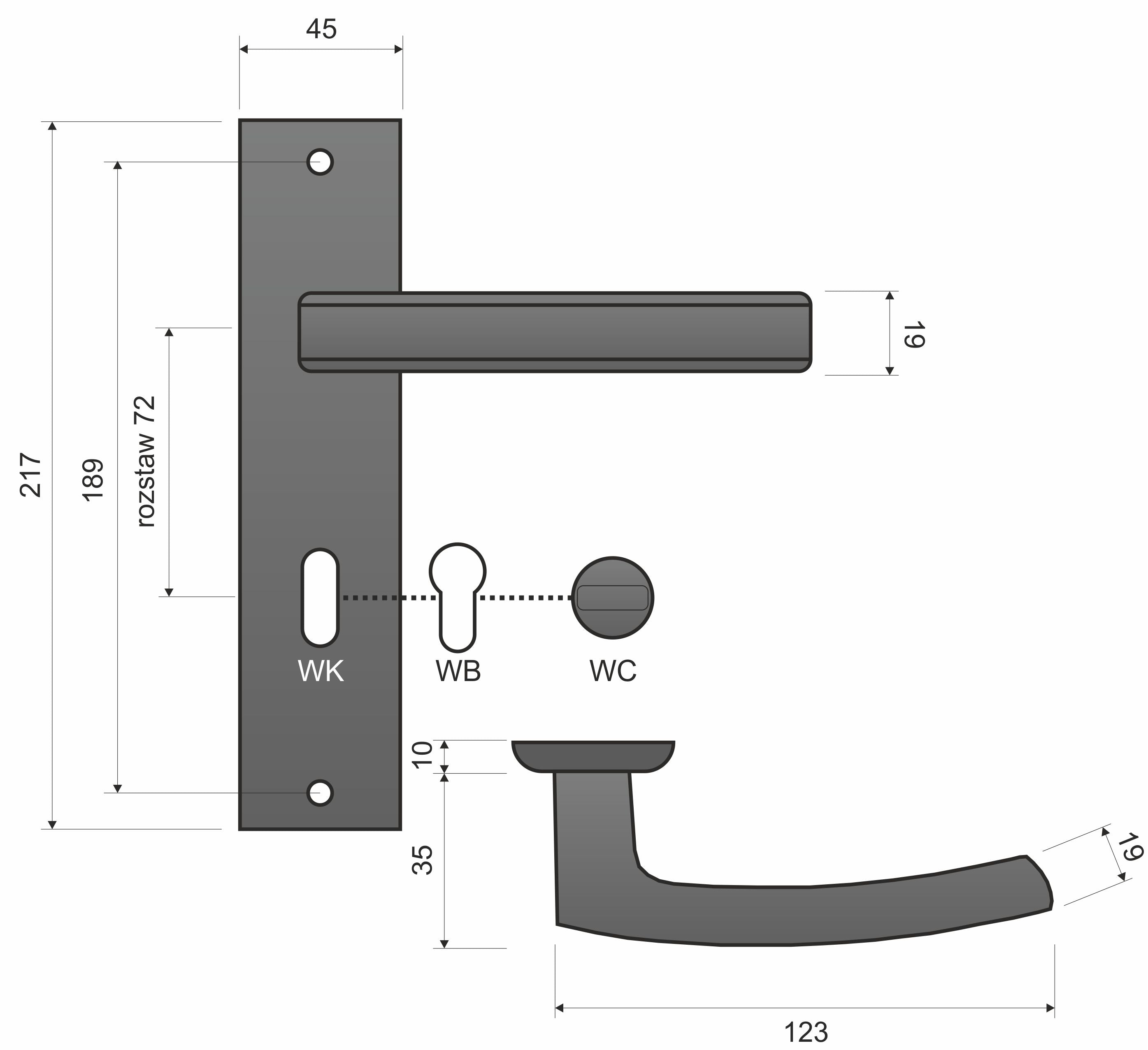 Hermes KHR K+K 311 Satin, rozteč 72mm, vnější štítové dveřní kování