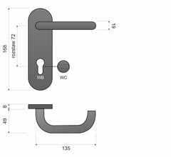 Ultra KUL 513 - rozteč WC zámku 72 mm - štítové dveřní kování vyrobeno z nerezové oceli